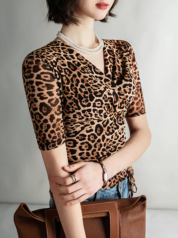 Half Sleeves Skinny Leopard Pleated V-Neck T-Shirts Tops - Image 7