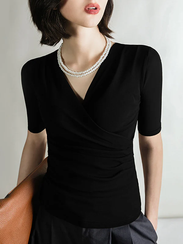 Half Sleeves Skinny Pleated Solid Color V-Neck T-Shirts Tops - Image 10
