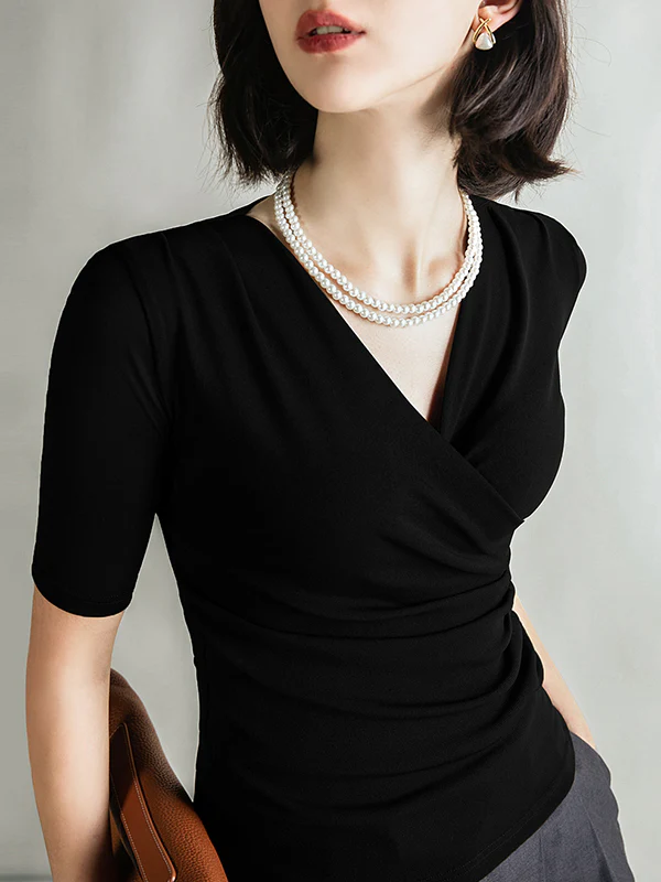 Half Sleeves Skinny Pleated Solid Color V-Neck T-Shirts Tops - Image 11