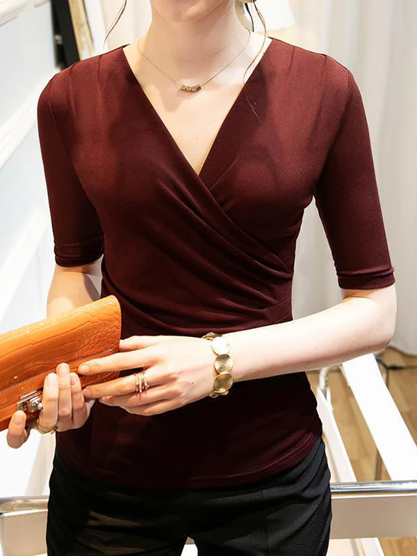Half Sleeves Skinny Pleated Solid Color V-Neck T-Shirts Tops - Image 16