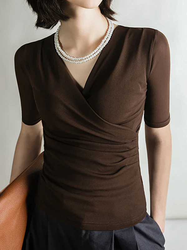 Half Sleeves Skinny Pleated Solid Color V-Neck T-Shirts Tops - Image 6