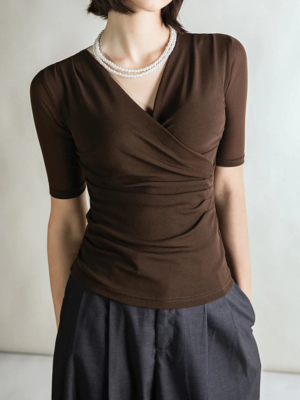 Half Sleeves Skinny Pleated Solid Color V-Neck T-Shirts Tops - Image 7