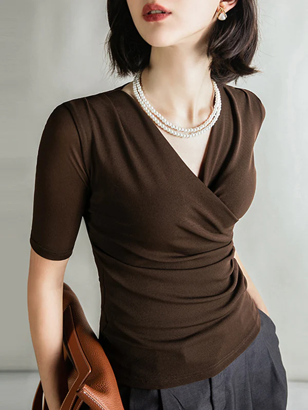 Half Sleeves Skinny Pleated Solid Color V-Neck T-Shirts Tops - Image 8