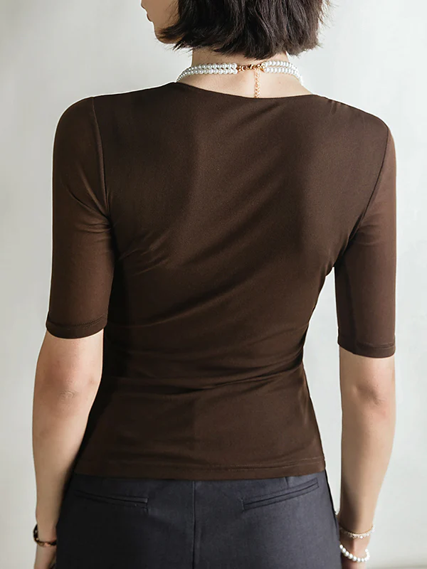 Half Sleeves Skinny Pleated Solid Color V-Neck T-Shirts Tops - Image 9
