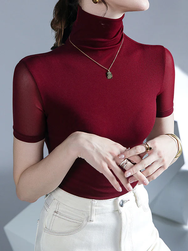Half Sleeves Skinny Solid Color High Neck T-Shirts Tops - Image 10