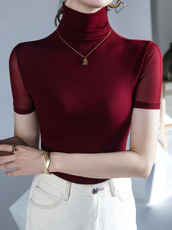 Half Sleeves Skinny Solid Color High Neck T-Shirts Tops - Image 11