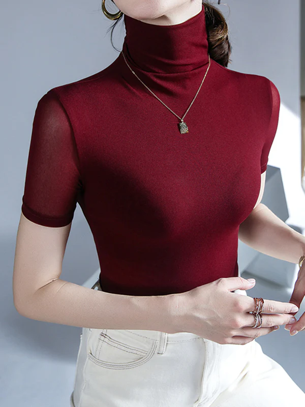 Half Sleeves Skinny Solid Color High Neck T-Shirts Tops - Image 12