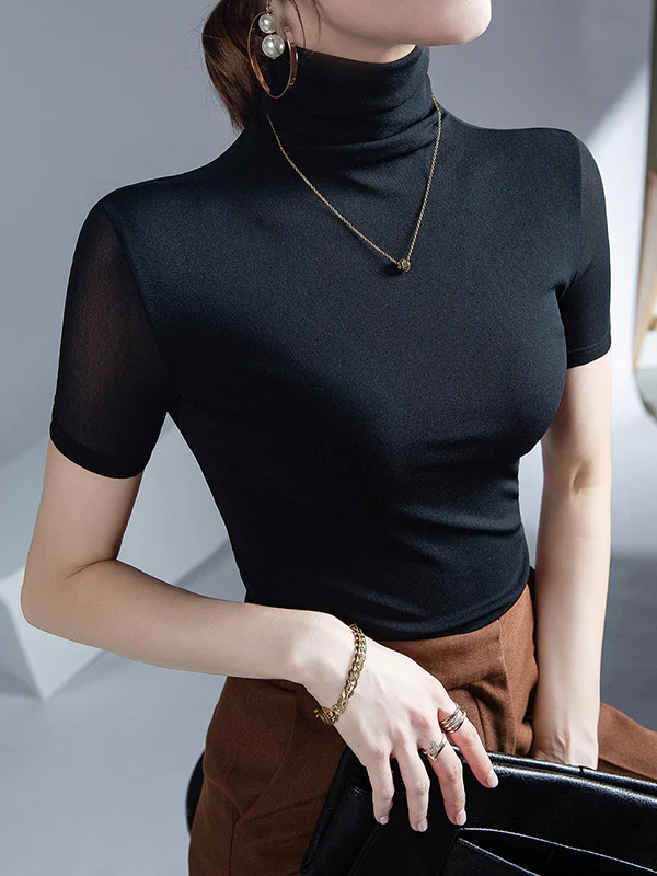 Half Sleeves Skinny Solid Color High Neck T-Shirts Tops - Image 14