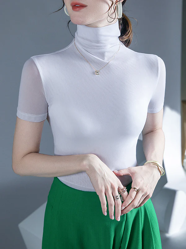 Half Sleeves Skinny Solid Color High Neck T-Shirts Tops - Image 15