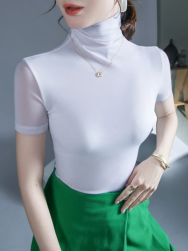 Half Sleeves Skinny Solid Color High Neck T-Shirts Tops - Image 16