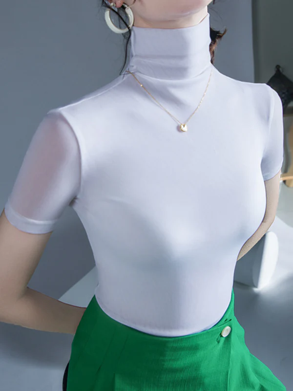 Half Sleeves Skinny Solid Color High Neck T-Shirts Tops - Image 2