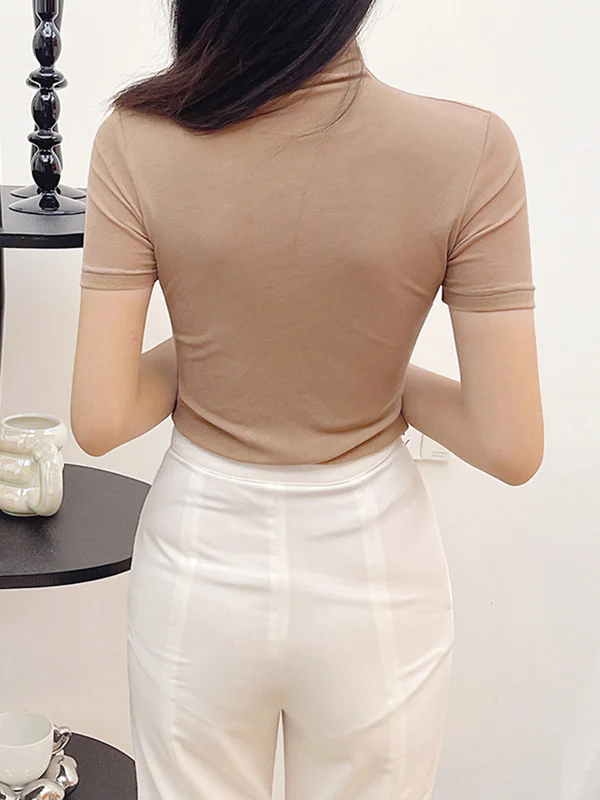 Half Sleeves Skinny Solid Color High Neck T-Shirts Tops - Image 22