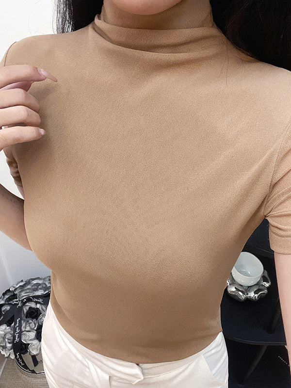 Half Sleeves Skinny Solid Color High Neck T-Shirts Tops - Image 23