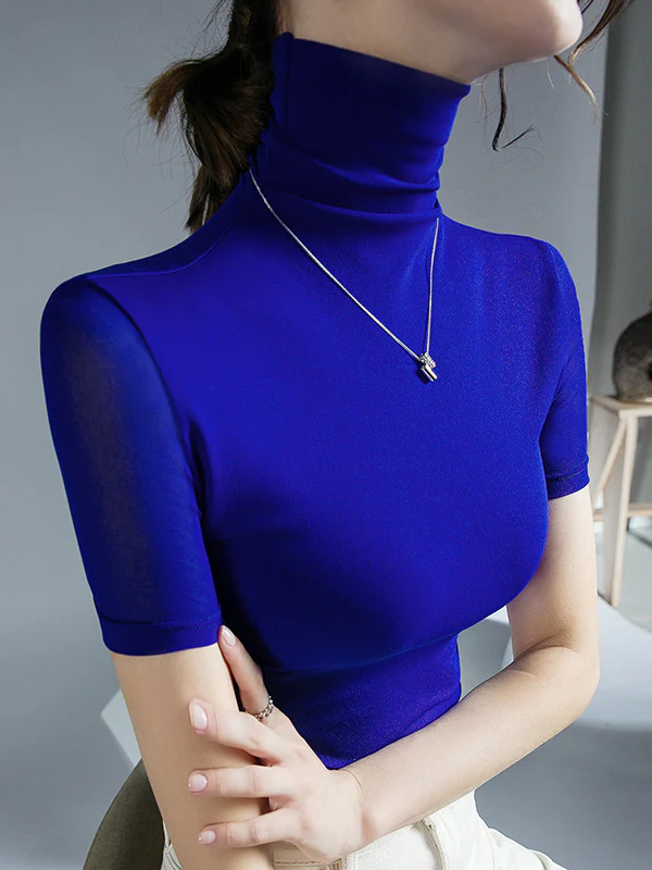 Half Sleeves Skinny Solid Color High Neck T-Shirts Tops - Image 3