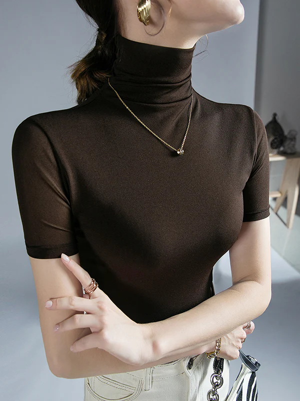 Half Sleeves Skinny Solid Color High Neck T-Shirts Tops - Image 4