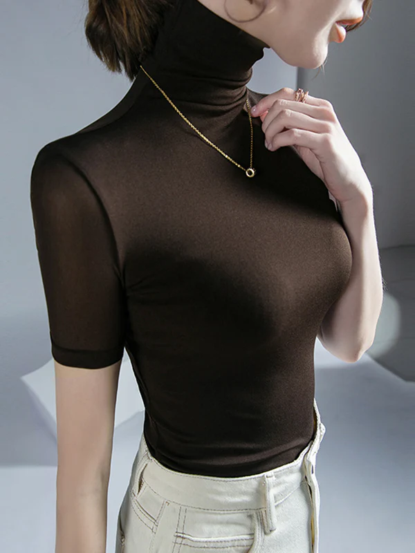 Half Sleeves Skinny Solid Color High Neck T-Shirts Tops - Image 5