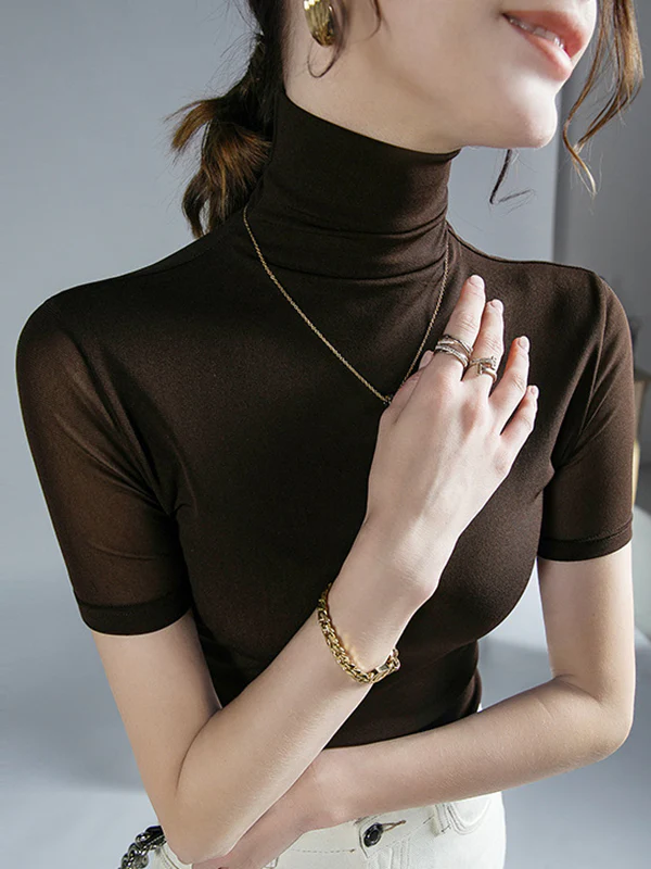 Half Sleeves Skinny Solid Color High Neck T-Shirts Tops - Image 6