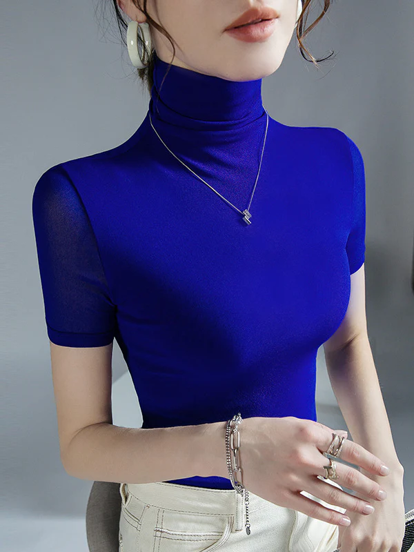 Half Sleeves Skinny Solid Color High Neck T-Shirts Tops - Image 7