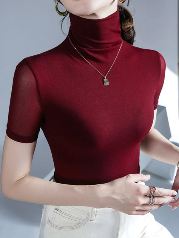 Half Sleeves Skinny Solid Color High Neck T-Shirts Tops - Image 9