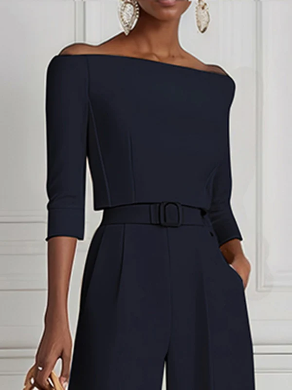 Half Sleeves Solid Color Split-Joint Off-The-Shoulder T-Shirts Tops - Image 10
