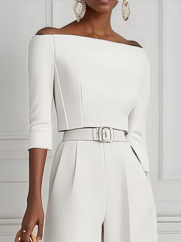 Half Sleeves Solid Color Split-Joint Off-The-Shoulder T-Shirts Tops - Image 2