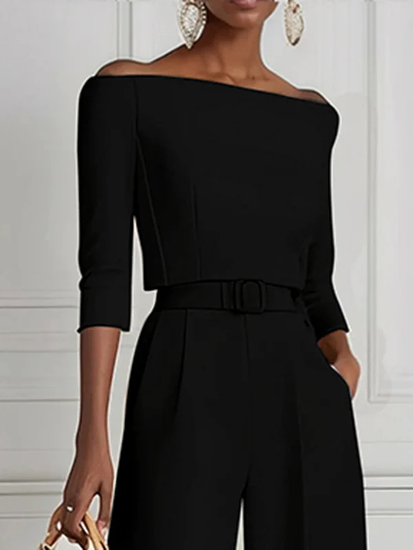 Half Sleeves Solid Color Split-Joint Off-The-Shoulder T-Shirts Tops - Image 4