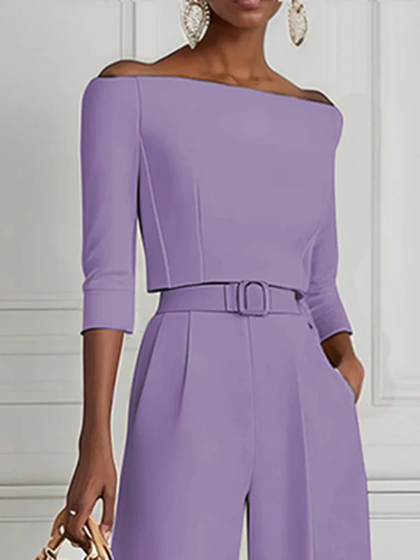 Half Sleeves Solid Color Split-Joint Off-The-Shoulder T-Shirts Tops - Image 5