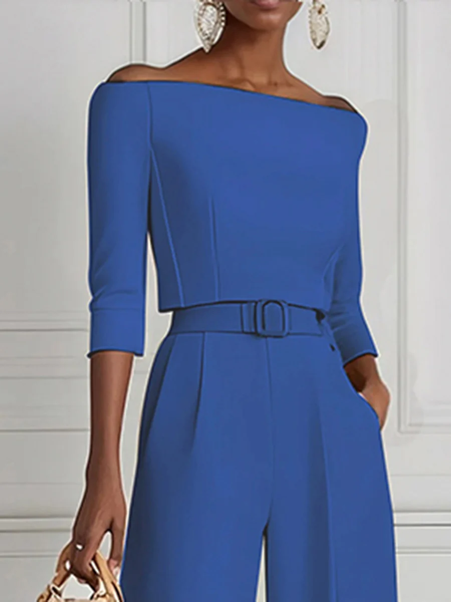 Half Sleeves Solid Color Split-Joint Off-The-Shoulder T-Shirts Tops - Image 6