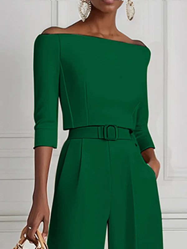 Half Sleeves Solid Color Split-Joint Off-The-Shoulder T-Shirts Tops - Image 7