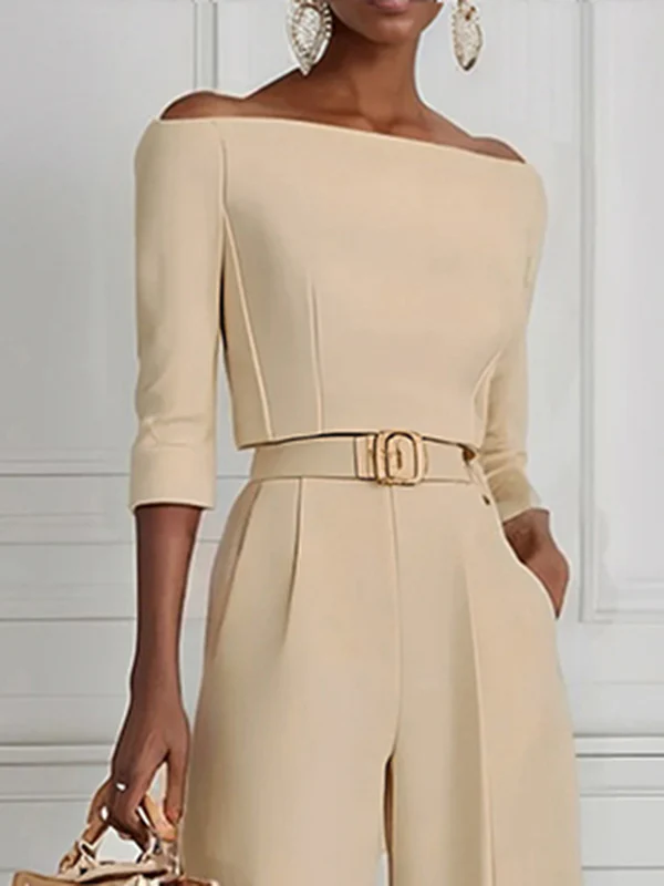 Half Sleeves Solid Color Split-Joint Off-The-Shoulder T-Shirts Tops - Image 9
