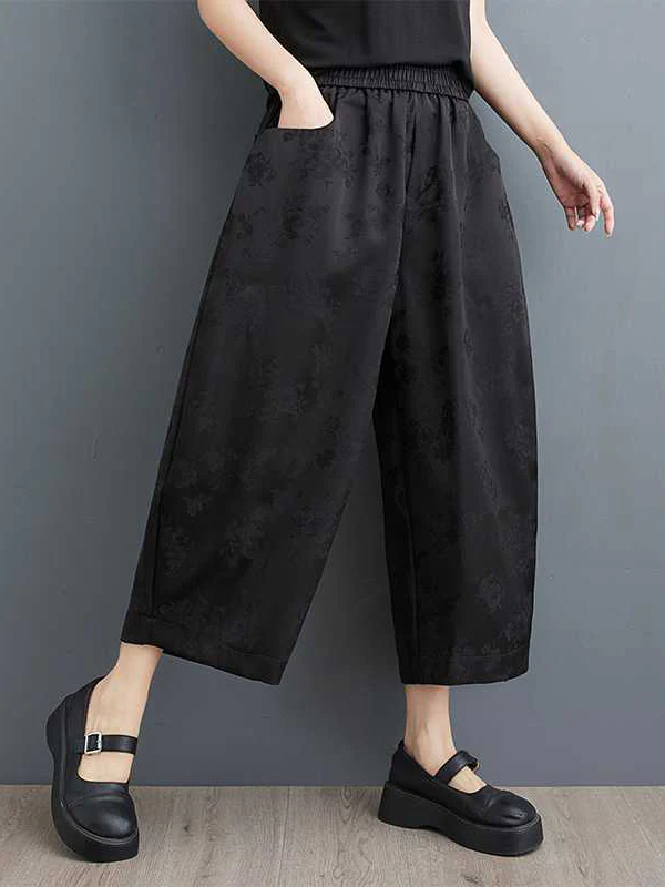 Harem Pants High Waisted Elasticity Jacquard Pockets Solid Color Ninth Pants Trousers - Image 2