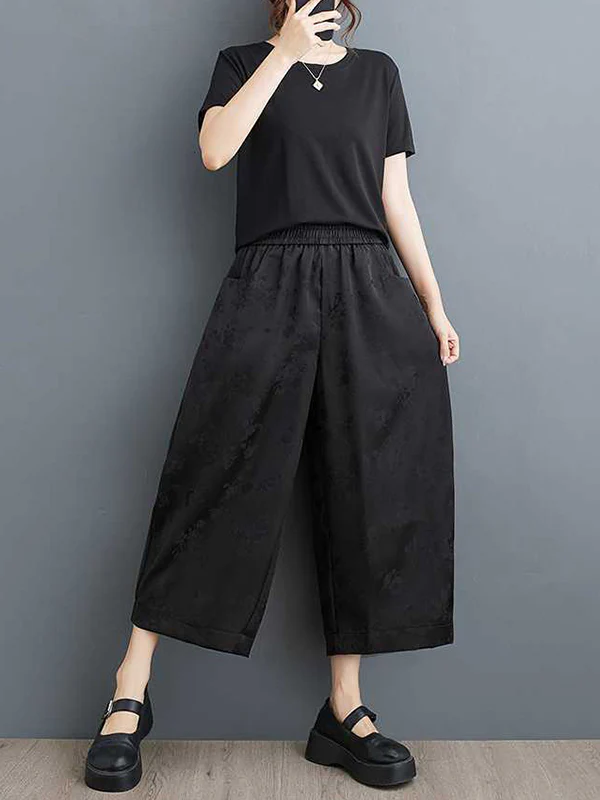 Harem Pants High Waisted Elasticity Jacquard Pockets Solid Color Ninth Pants Trousers - Image 3
