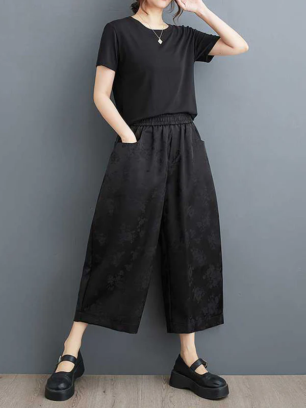 Harem Pants High Waisted Elasticity Jacquard Pockets Solid Color Ninth Pants Trousers - Image 4