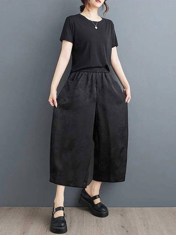 Harem Pants High Waisted Elasticity Jacquard Pockets Solid Color Ninth Pants Trousers - Image 5