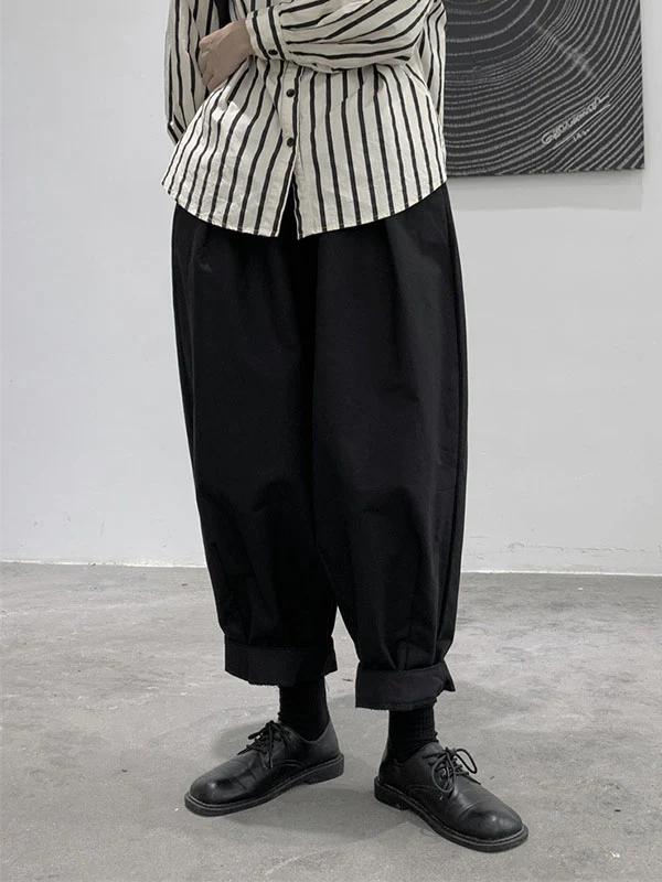 Harem Pants Loose Elasticity High-Waisted Pleated Solid Color Split-Joint Pants Trousers - Image 11