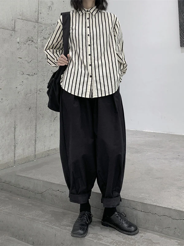 Harem Pants Loose Elasticity High-Waisted Pleated Solid Color Split-Joint Pants Trousers - Image 12