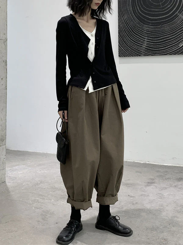 Harem Pants Loose Elasticity High-Waisted Pleated Solid Color Split-Joint Pants Trousers - Image 13