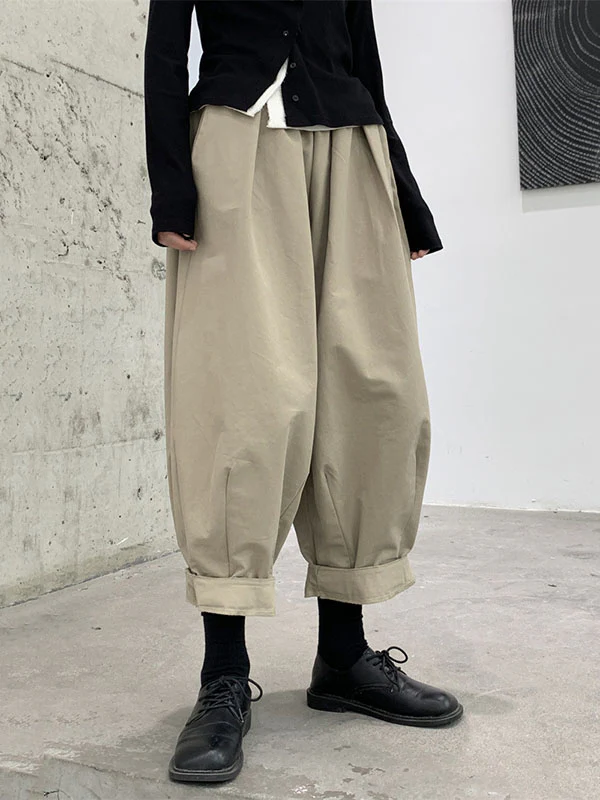 Harem Pants Loose Elasticity High-Waisted Pleated Solid Color Split-Joint Pants Trousers - Image 4