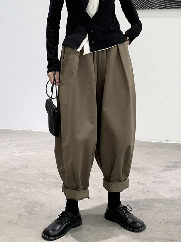Harem Pants Loose Elasticity High-Waisted Pleated Solid Color Split-Joint Pants Trousers - Image 6