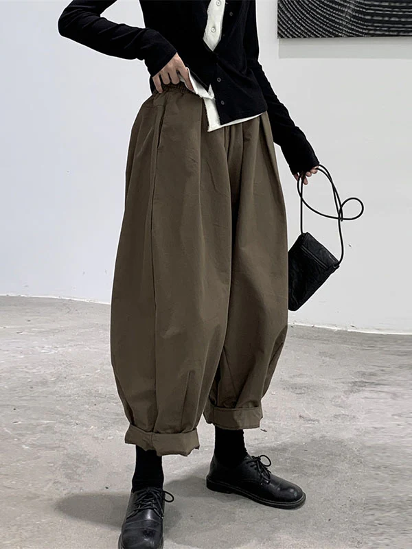 Harem Pants Loose Elasticity High-Waisted Pleated Solid Color Split-Joint Pants Trousers - Image 8