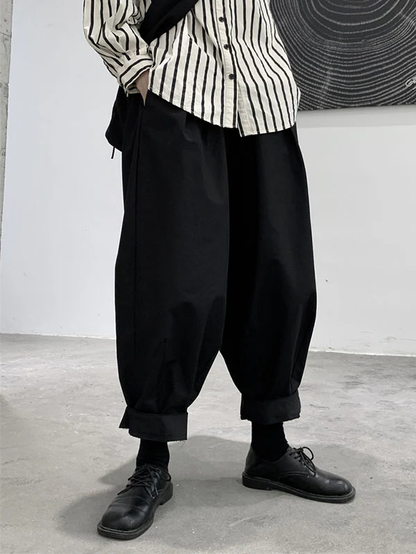Harem Pants Loose Elasticity High-Waisted Pleated Solid Color Split-Joint Pants Trousers - Image 9