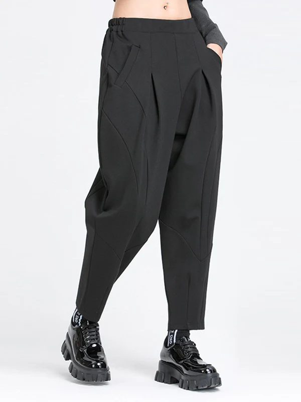 Harem Pants Loose Elasticity Pleated Pockets Solid Color Split-Joint Pants - Image 2