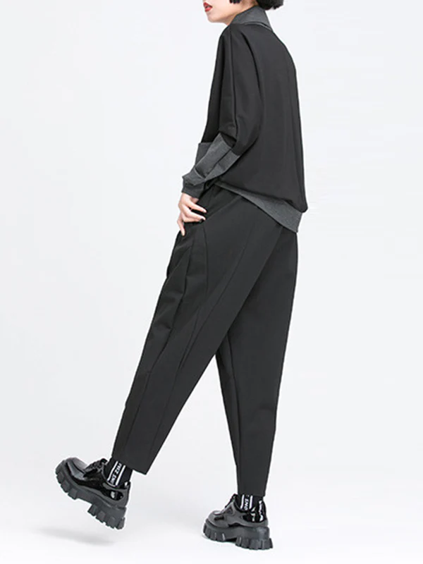 Harem Pants Loose Elasticity Pleated Pockets Solid Color Split-Joint Pants - Image 4