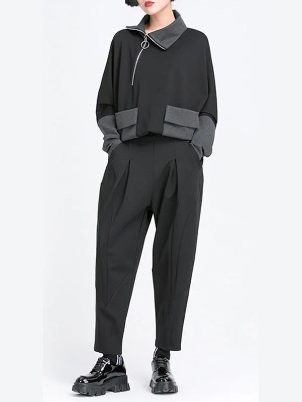 Harem Pants Loose Elasticity Pleated Pockets Solid Color Split-Joint Pants - Image 5