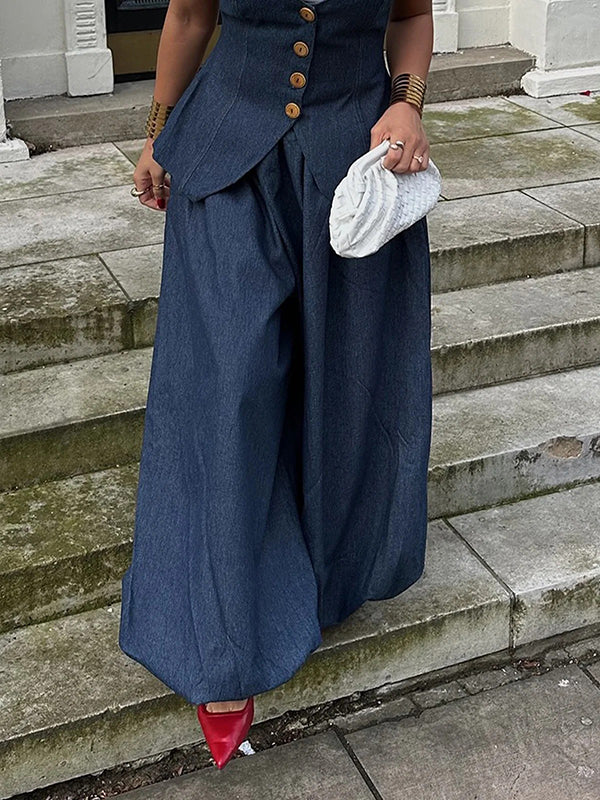 Harem Pants Loose Pleated Solid Color Jean Pants Bottoms - Image 2