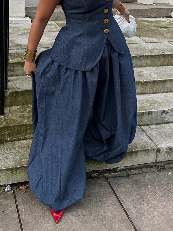 Harem Pants Loose Pleated Solid Color Jean Pants Bottoms - Image 3