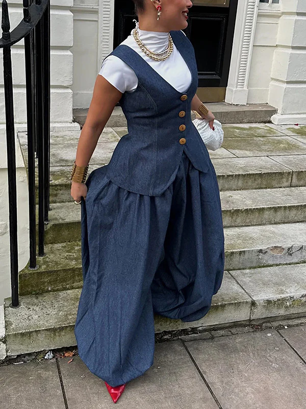 Harem Pants Loose Pleated Solid Color Jean Pants Bottoms - Image 7
