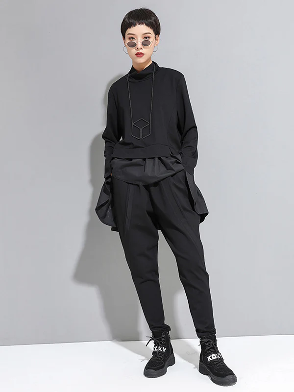 High-Low A-Line Falbala Split-Joint Split-Back High-Neck T-Shirts Tops - Image 11