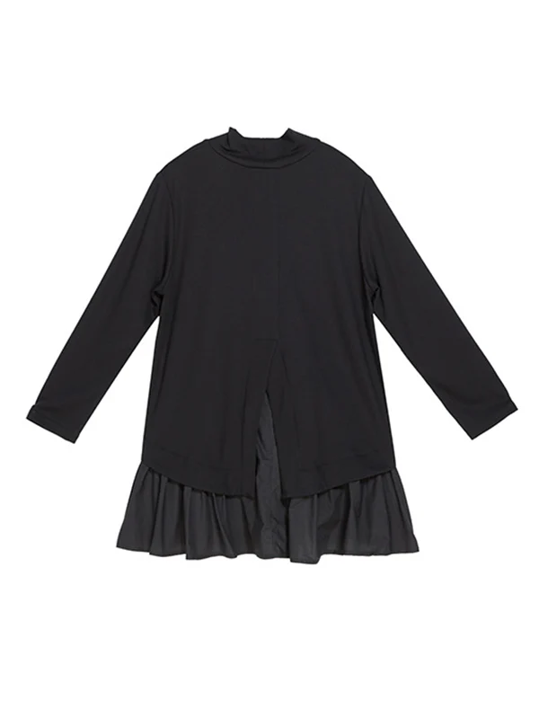 High-Low A-Line Falbala Split-Joint Split-Back High-Neck T-Shirts Tops - Image 12