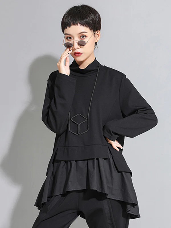 High-Low A-Line Falbala Split-Joint Split-Back High-Neck T-Shirts Tops - Image 2